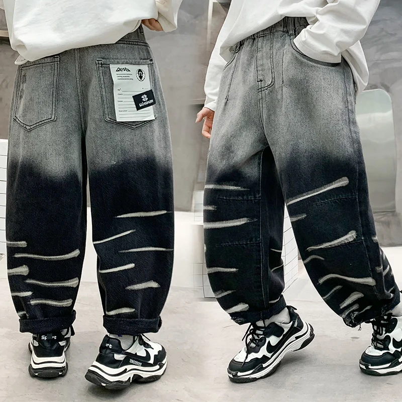 

Kids Child Harajuku Gothic Street Denim Pants Big Boy Black Jeans with Gradient Tweens High Waist Baggy Jeans Trousers Age 5-14Y