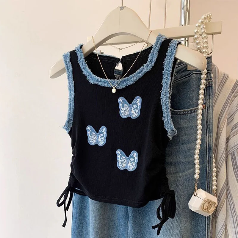 

Summer Vintage Fashion Butterfly Decoration High Street Knitted Tanks Women Elegant Lace Up Slim O-neck Sleeveless Tops