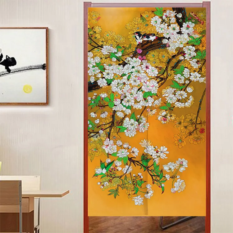 Chinese Ink Style Flower and  Bird Pattern Door Curtain Japanese Noren Half Curtain