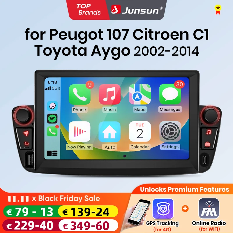 Junsun 7-calowe bezprzewodowe radio samochodowe z funkcją CarPlay i Android Auto, przeznaczone do samochodów Peugeot 107, Toyota Aygo i Citroen C1 (roczniki 2005-2014). Multimedialne radio z