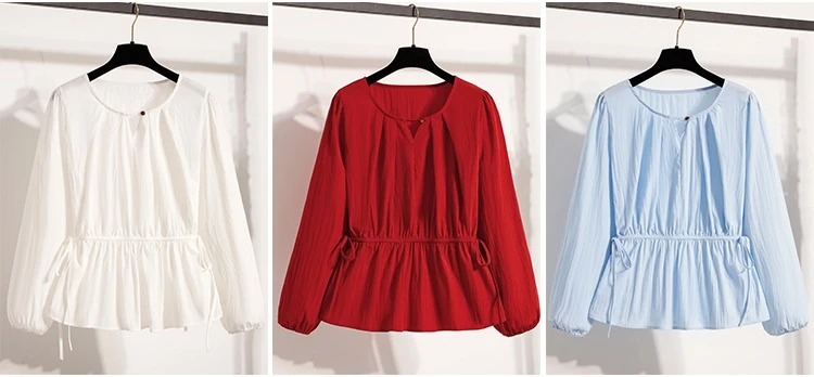 2026 Weiße Bluse mit Kordelzug-Taille, langen Ärmeln, lockerem Schnitt, verjüngendem Peplum, Babydoll-Stil, lässiges Top aus Crinkle-Stoff – Detail 2