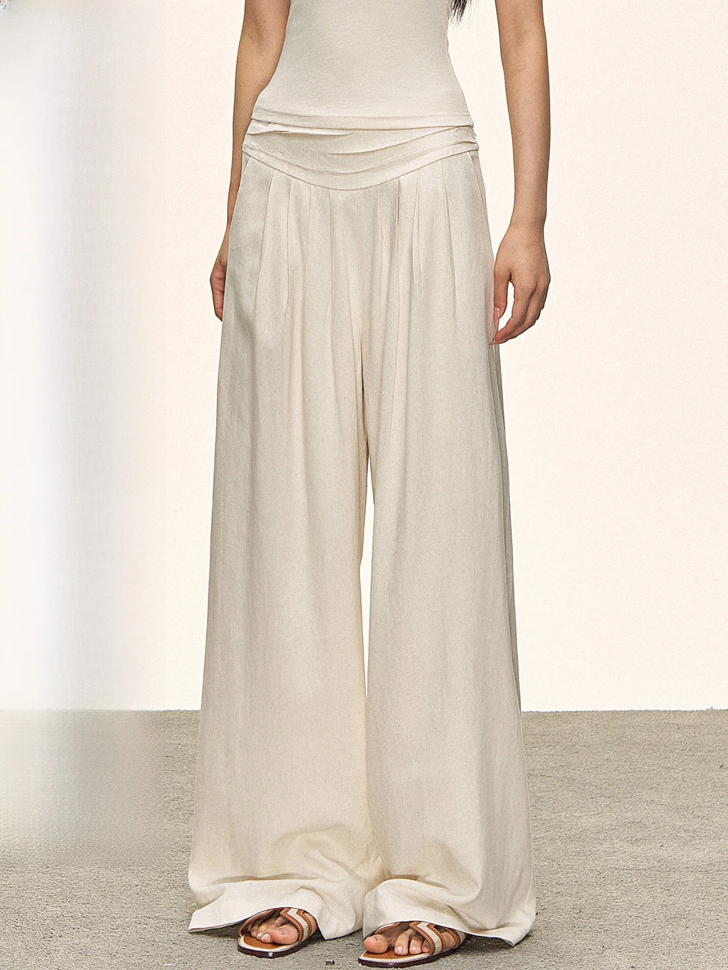 

101PASSION Women's Summer Casual Wide Leg Pants Linen Straight Loose Drapey Floor-Length Minimalist Style Trousers