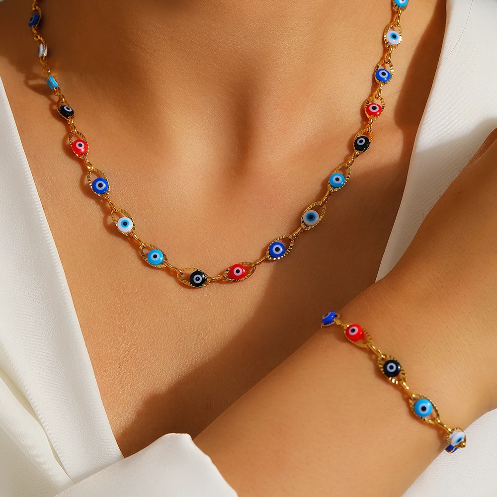 

Stainless Steel Jewelry Set Colorful Inlaid Small Eyes Bracelet Necklace Fashion Fine Jewelry Set For Women Jewelry Party Gifts