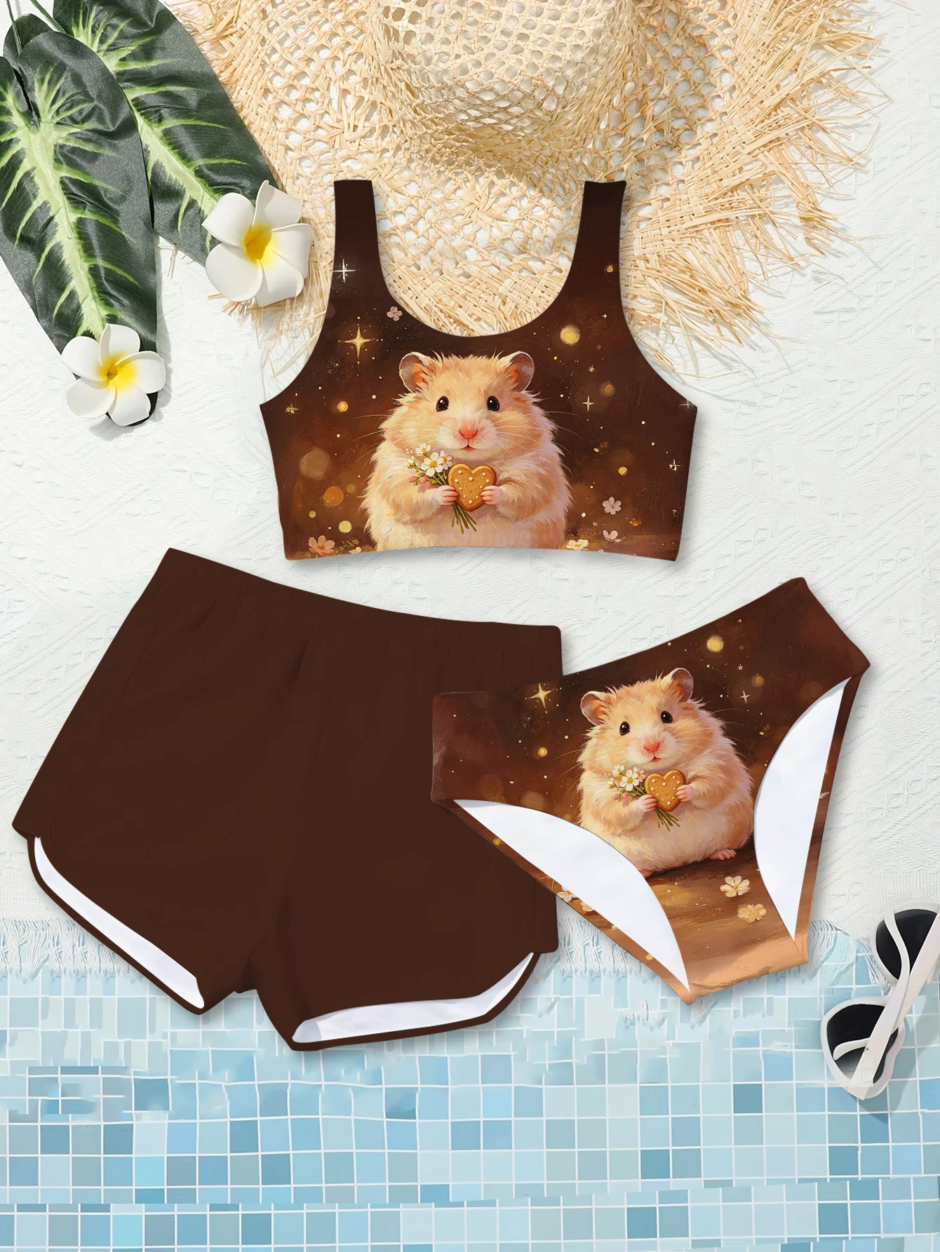 Girls' Summer Style Atmospheric Hamster Fashion Three Piece Swimsuit Casual Sportswear