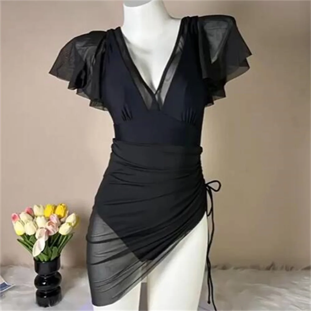 

Sexy Black Mesh Splicing Swimsuit Dress Ruffled Sleeve Deep V Bikini Women Backless One-piece Sheer Vacation Swimwear Outfit Set