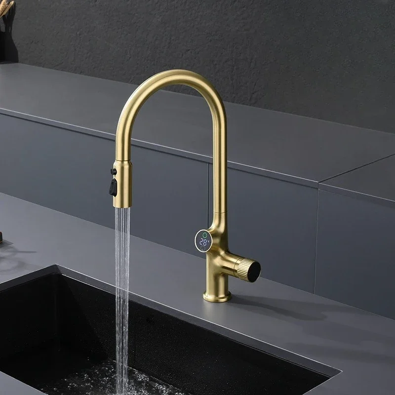 Brushed Gold Smart Kitchen Tap with Digital Temperature Display, Touch Sensor Pull Out Spray Hot Cold Mixer Faucet