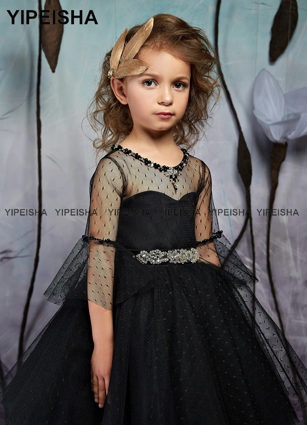 Yipeisha O-neck 3/4 Sleeves Black Girl\'s Party Dress Dot Tulle A Line Knee Length Toddler\'s Prom Gown Formal Dance Wear