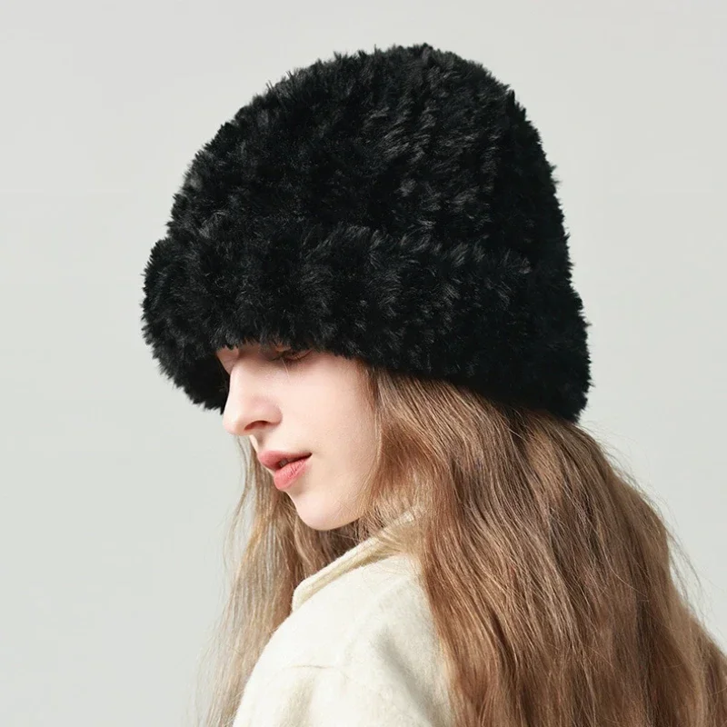 Winter Fluffy Fur Hat for Women Korean Fashion Soft Plush Hat Russia Outdoor Snow Coldproof Warm Benines Ear Protection Cold Cap