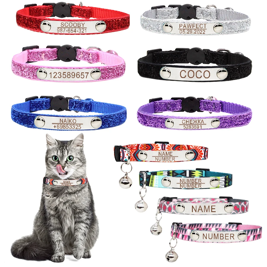 Personalized ID Cat Collar Adjustable Safety Buckle with Bell Free Engraving Nylon Necklace for Puppy Kittens Necklace