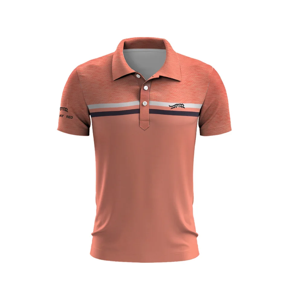 Tiger Woods Golf de botão masculino Polo, top do dia de sol, listrado em dois tons, secagem rápida, Summer Golf Club, Vermelho