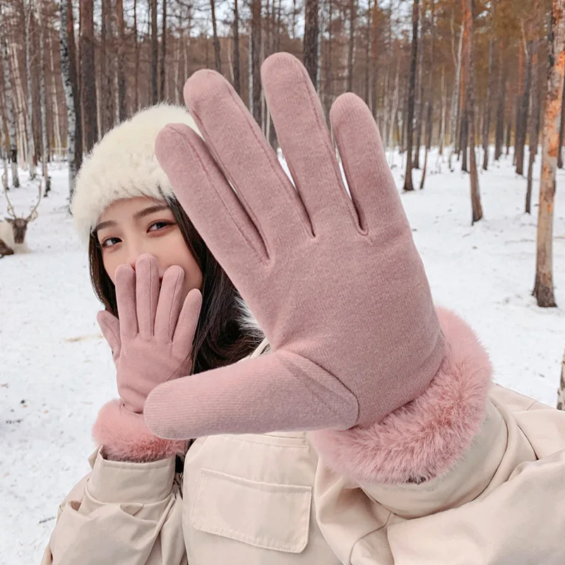 Women Winter Furry Touch Screen Driving Glove Female Double Thick Plush Wrist Warm Cashmere Cute Outdoor Sport Cycling