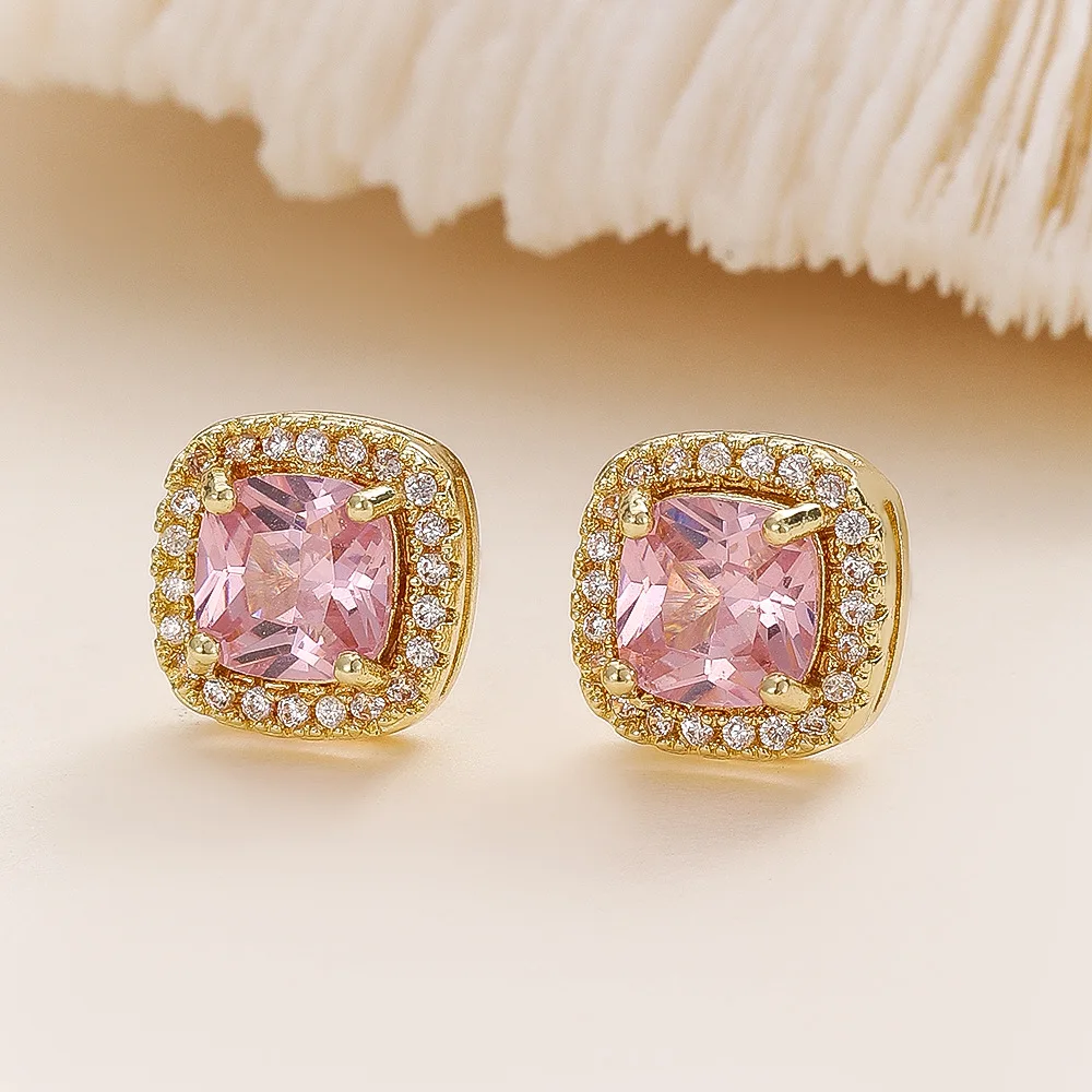 Gold Plated Cushion Cut Pink Zircon Stud Earrings Double Halo Square Crystal Earrings Elegant Wedding Party Jewelry for Women Girls