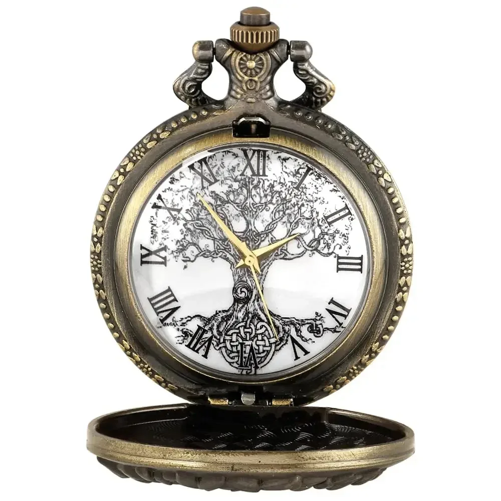Vintage Tree of Life Pattern Quartz Pocket Watch WITH Chain Pendant Clock Necklace Watches for Men Women Unique Accessories Gift