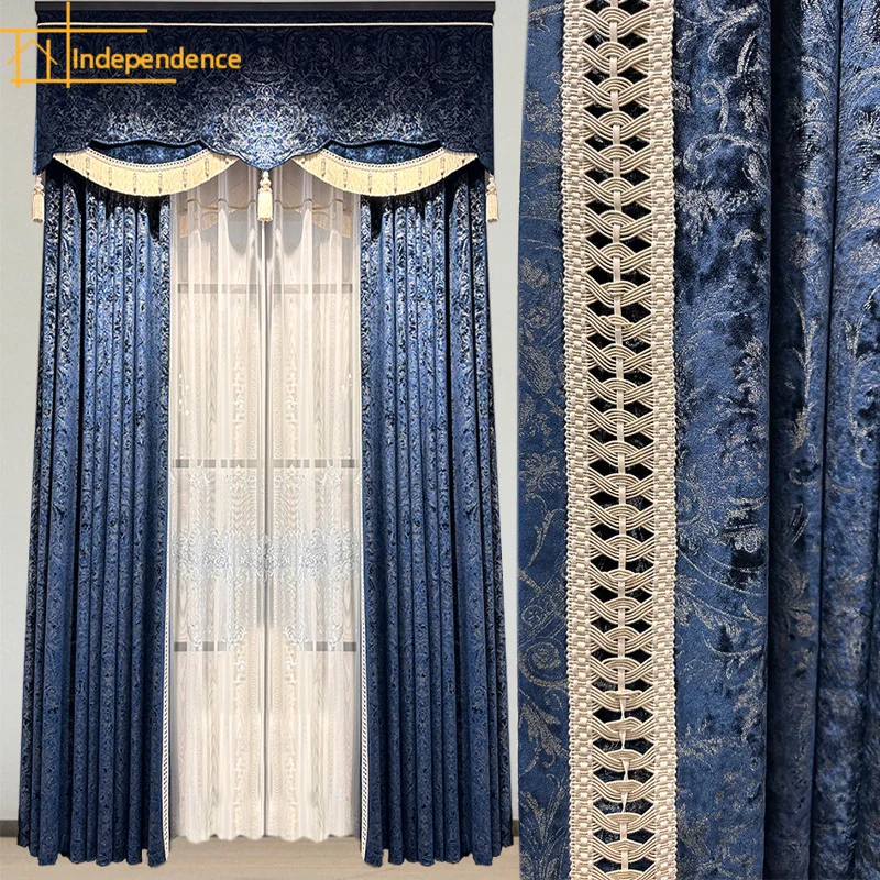 Blue Hot Stamping Velvet Fabric Splicing Thickened Curtains for Living Room Bedroom Study Customized Finished Product Valance