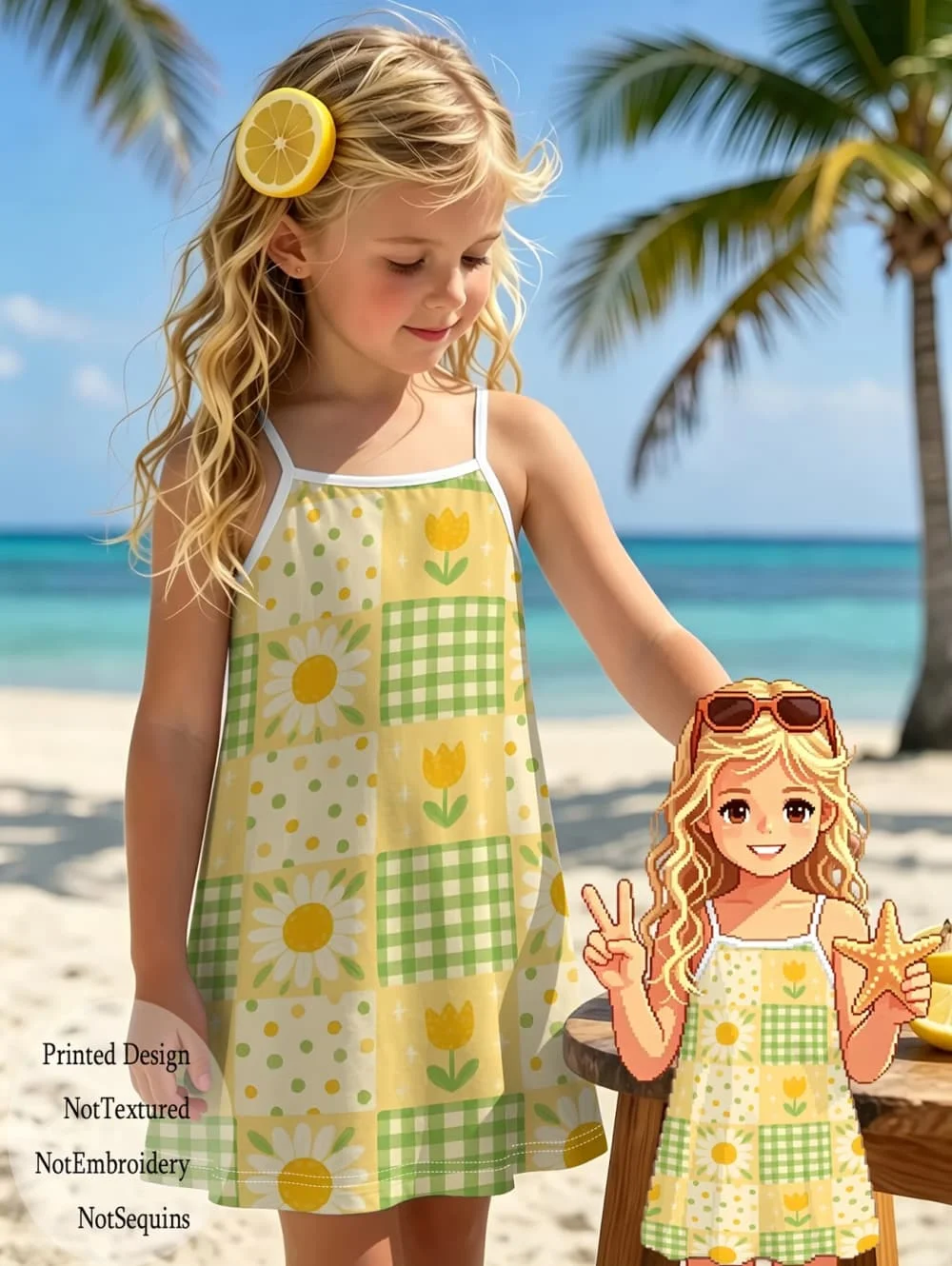 Girls Sleeveless Spaghetti Strap Dress Cartoon Fruit Print Girls Clothes Seaside Vacation Outfit Beach Loose Soft Kids Clothing