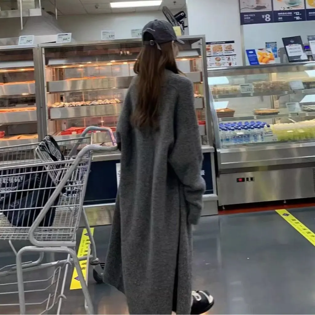 

Серый вязаный свитер средней длины, пальто, женский осенне-зимний новый дизайн, открытый кардиган выше колена в ленивом стиле