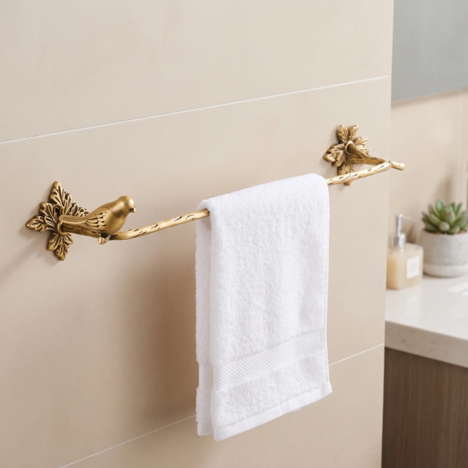 towel-bar-with-bird-motif-wall-mounted-towel-rod-with-floral-motif-hardware-antique-brass-no-drill-for-bathroom-powder-room
