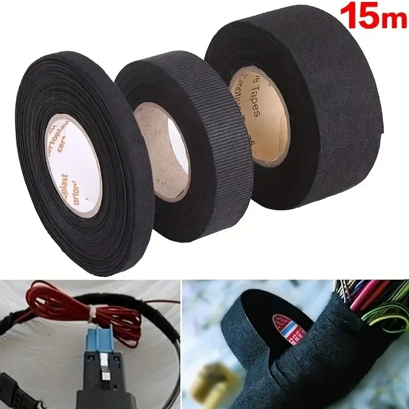 3pcs 15m High Temperature Resistance Adhesive Cloth Tape For Cable Harness PVC Car Auto Heat Sound Isolation