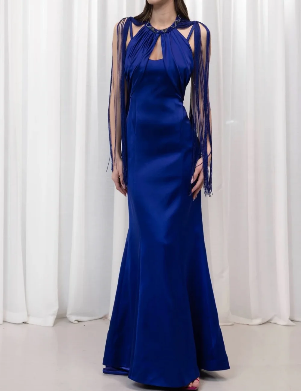 

Customized Blue Sexy Unisex Beading Sequined Tassel Mermaid High Collar Floor-Length Evening Dresses For Birthday Party