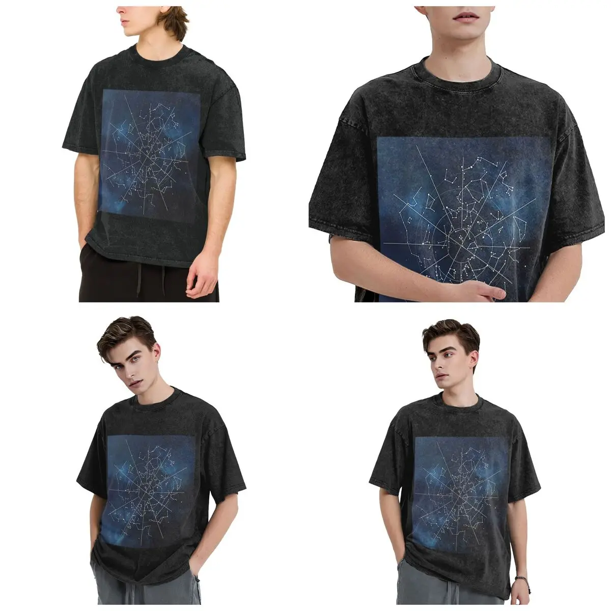 Streetwear T-Shirts Zodiac Constellations Space Washed T Shirt Short Sleeve Hip Hop T-Shirt Tops Tees for Men Women