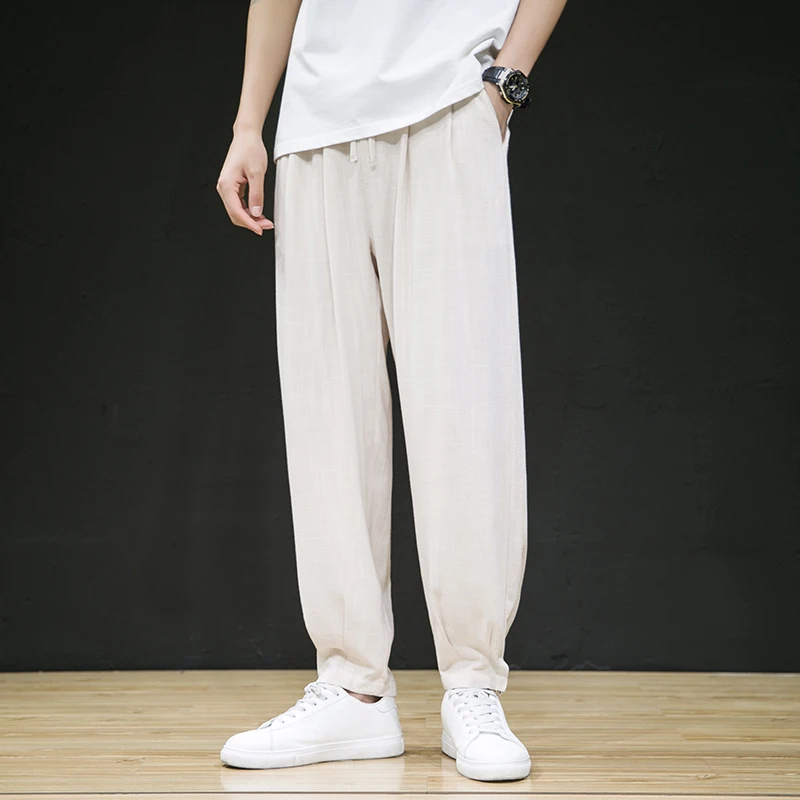 

Мужские летние тонкие повседневные брюки-шаровары из льняной хлопковой смеси, свободного кроя, дышащие, модные, в стиле Харадзюку, с зауженными штанинами