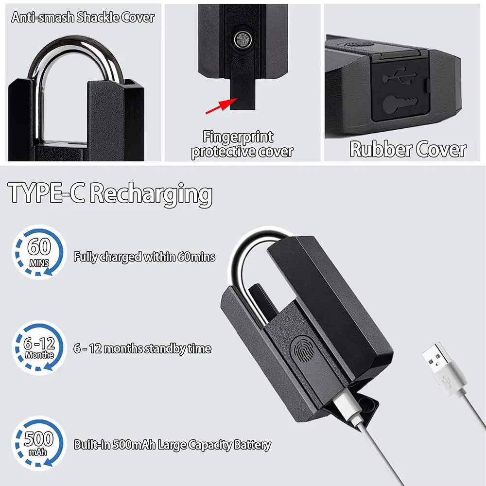 Smart Fingerprint Padlock, TTlock App Control, IP67 Waterproof Anti-Theft Lock for Gym Locker, Bicycle, Outdoor Gate, Suitcase view 5