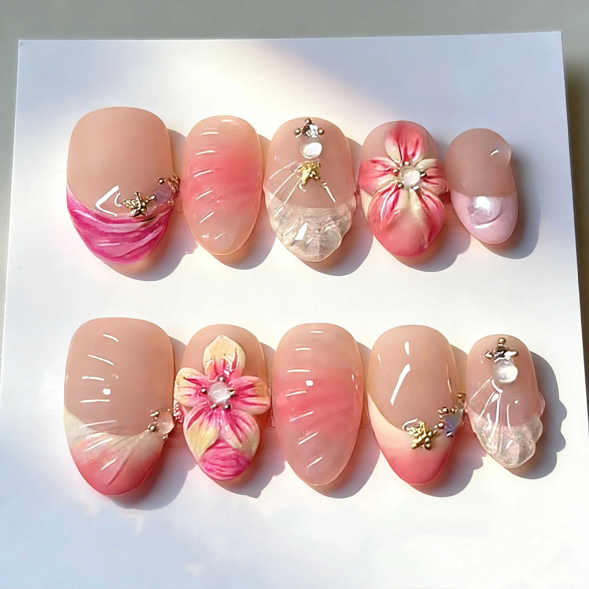 

24Pcs Mid-length Almond Press on False Nails Pink Smudge French 3D Flower Fake Nails Rhinestone Pearl Wearable Manicure Tips Art