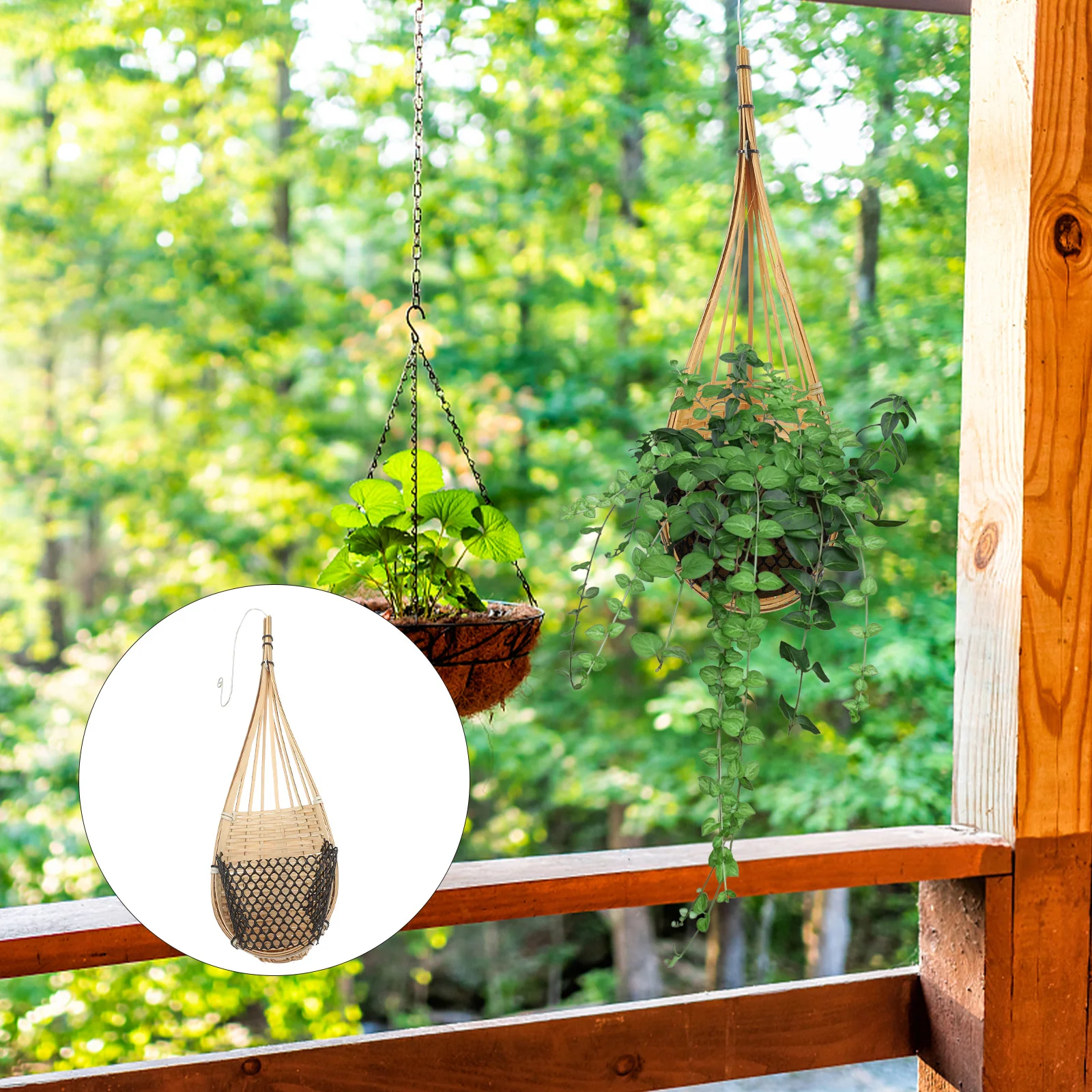 

2 pcs Bamboo Hanging Basket Handmade Thai Woven Planter Wall Hanging Flower Basket For Indoor Outdoor Garden Decor