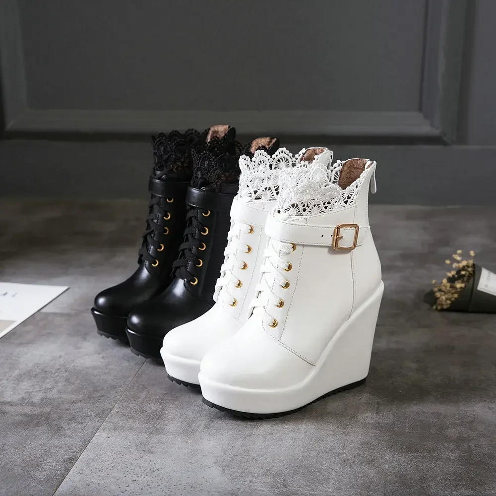 Size 34-43 Winter Buckle Super High Wedges Platform Ankle Boots for Women Lace Up White Black High Heel Ladies Shoes Bootie