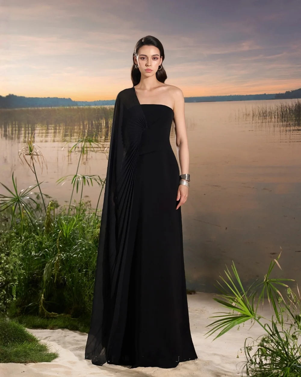 

Customized Black Matching Fashion Chiffon Pleat Ruched Draped A-line One-shoulder Long Dresses Evening Dresses For Wedding Party