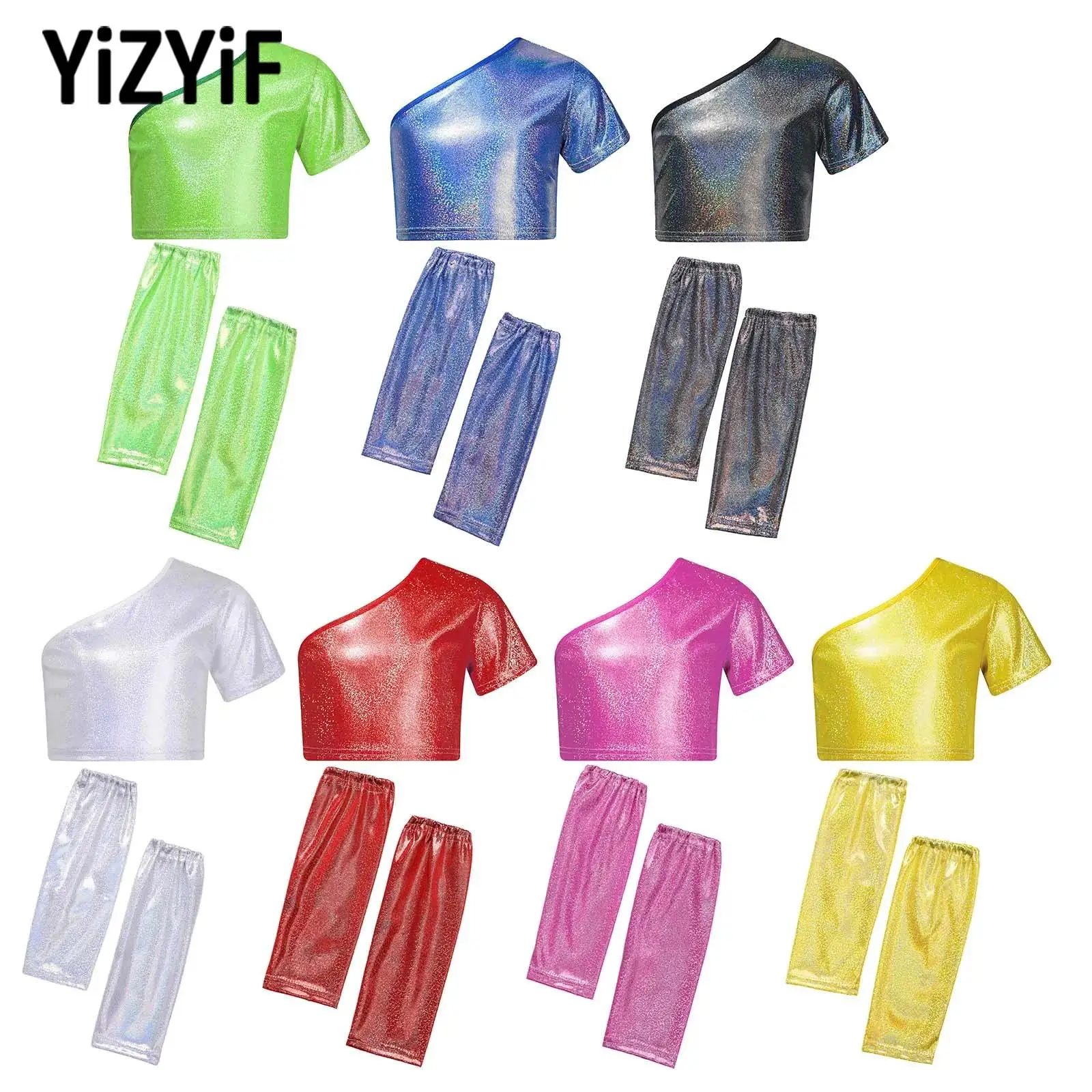 

Jazz Dance Costume Girls Modern Dance Clothes One Shoulder Short Sleeve Crop Top+Gloves Child Dancewear Kid Performance Clothing