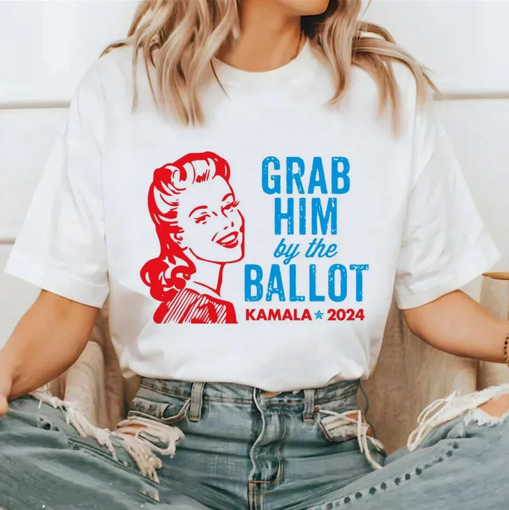 Grab Him By The Ballot Kamala 2024 Printed Pattern T-Shirt Fashion Versatile Women's Clothing Summer Short Sleeved Top T-Shirt