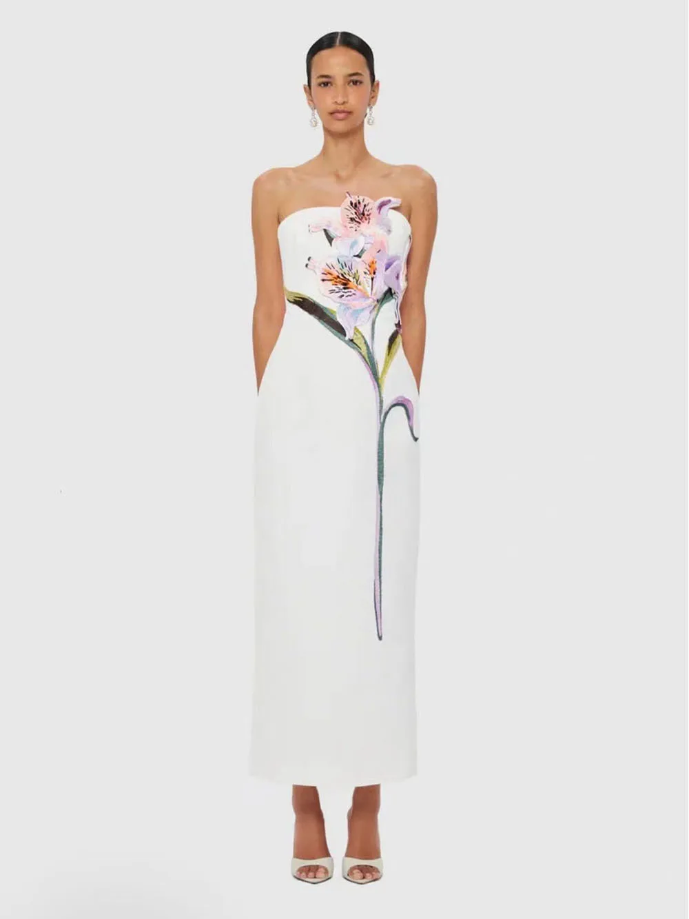 2026 European and American Spring/Summer New Style Elegant Waist Collection Retro Embroidered strapless 3D Flower Long Dress