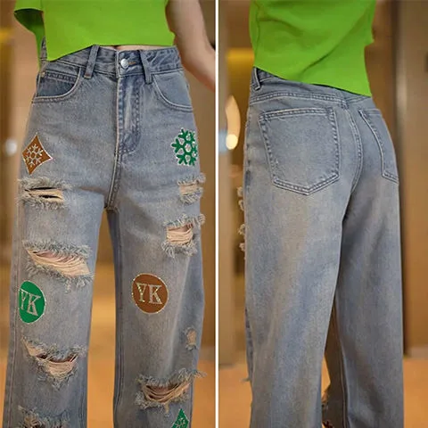 Cintura alta denim jeans feminino personali retalhos bordado verão novo solto em linha reta vintage calças de perna larga