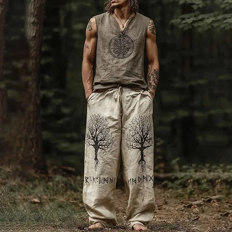 الرجال الرجعية فايكنغ شجرة الحياة والرونية القديمة ثلاثية الأبعاد مطبوعة الخريف سراويل تقليدية الرباط مستقيم الساق السراويل بناطيل الشواطئ S-5XL