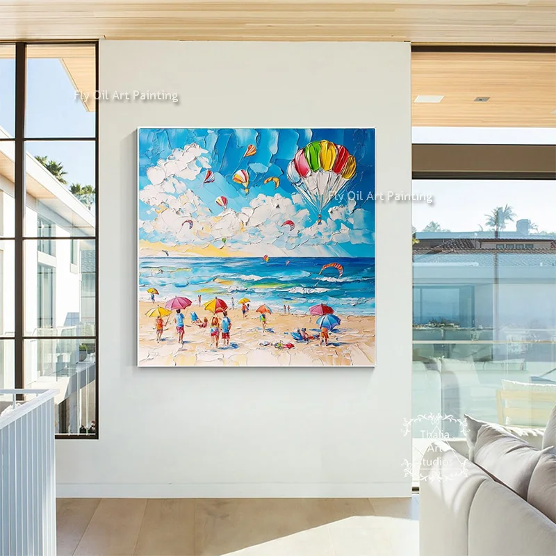 Blue Seascape Oil Painting Handmade People Play On The Beach Thick Canvas Wall Art Seaswave Artwork For Living Room Decor