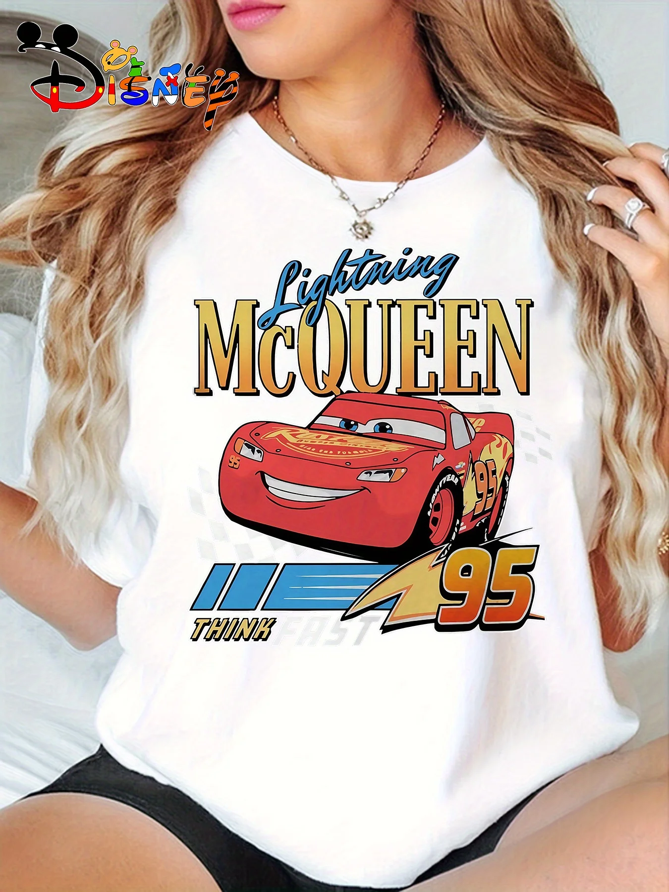 

Disney Cars Lightning McQueen No.95 Graphic T-Shirt for Women White Casual Short Sleeve Round Neck Top with Racing Design