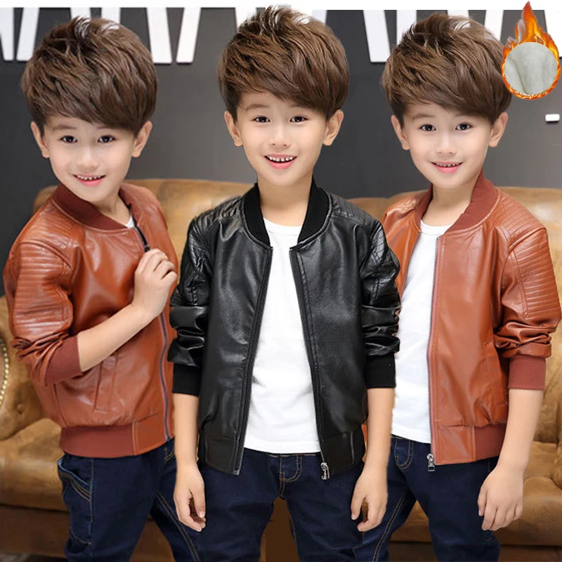New Winter Thick Keep Warm Boys Leather Jacket Windproof And Waterproof Lining With Velvet Zipper Kids Coat Children Outerwear