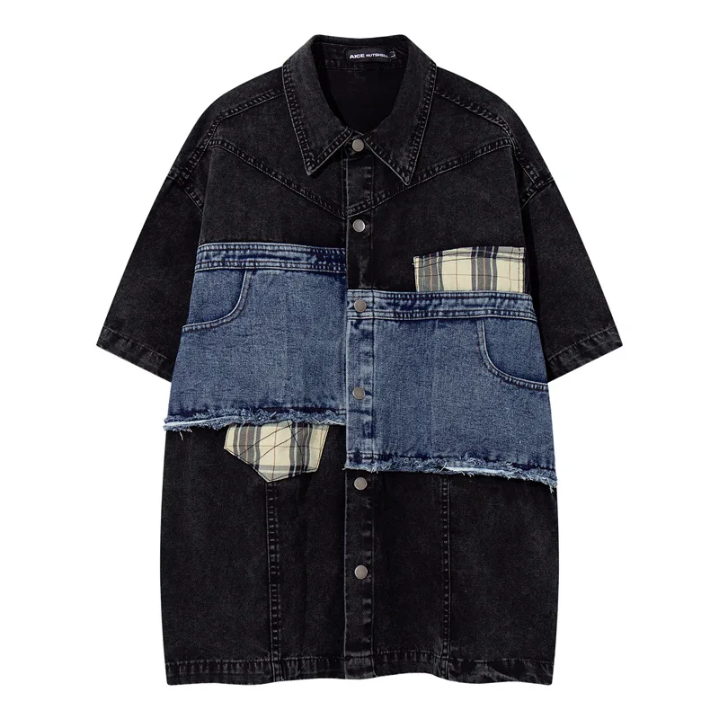 

Men's Patchwork Denim Shirt Jacket Oversized Streetwear Vintage Washed Short Sleeve Button Up Hip Hop Denim Top