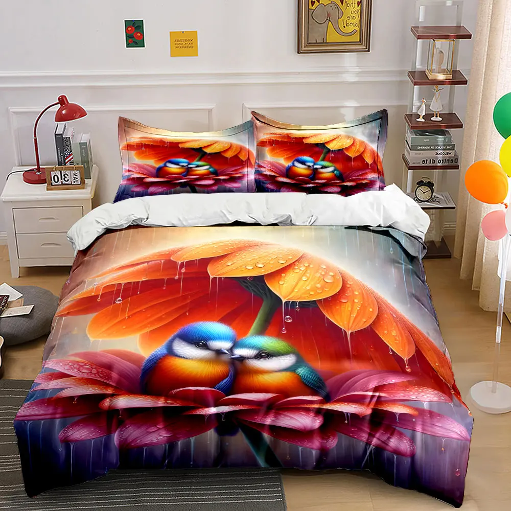Colorful birds sheltered under flower umbrella Print Bedding Set 1 Duvet Cover 2 Pillowcases for Adult and Children Luxury Gift