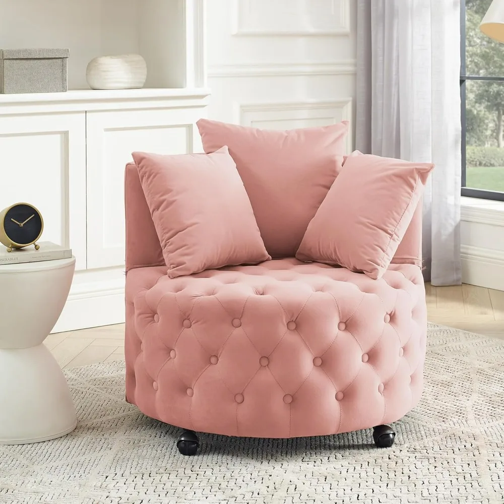 Swivel Barrel Accent Chair, 30” Modern Velvet Round Sofa Chair with 3 Pillows and Wheels, Comfy Tufted Club Lounge Chair