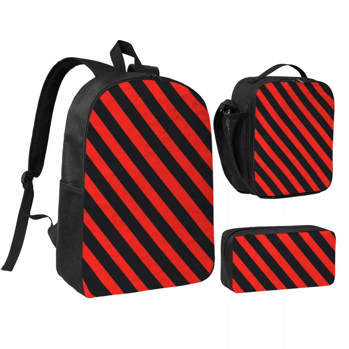 

Black And Red Stripes Striped Geometric Lines Backpack BookBag School Bag Shoulder Bags 3ps Insulated Lunch Bag Pencil Case