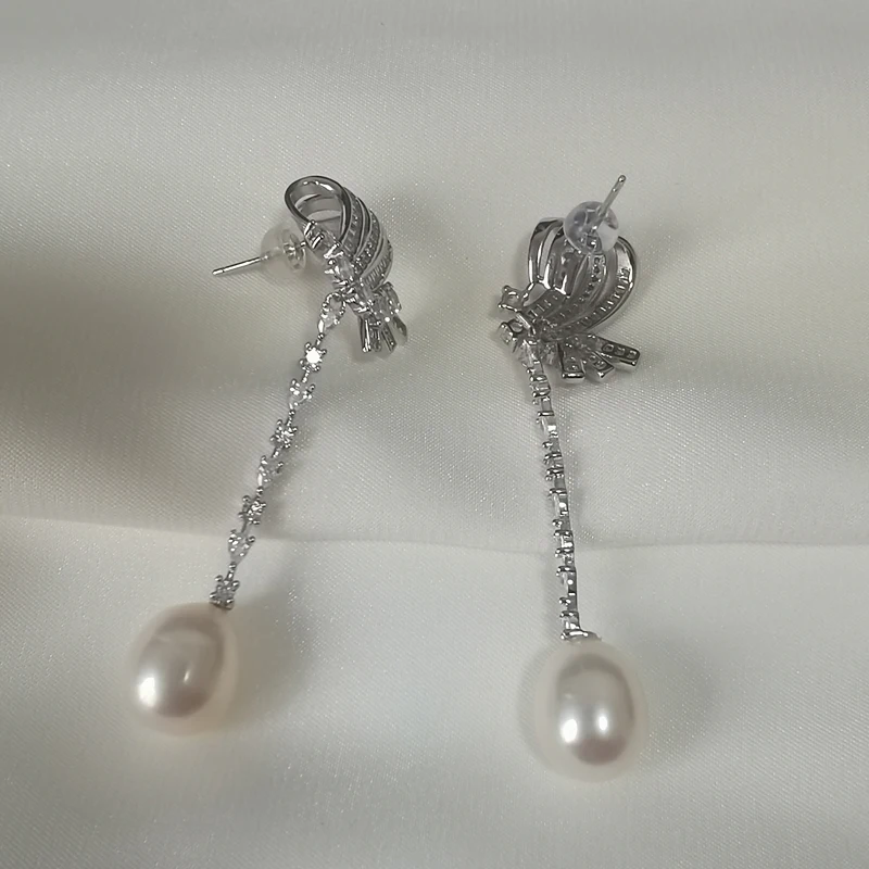 MeiBaPJ 10-11mm perle di riso bianco naturale orecchini pendenti a catena lunga con fiocco di moda 925 gioielli da sposa fini in argento per le donne