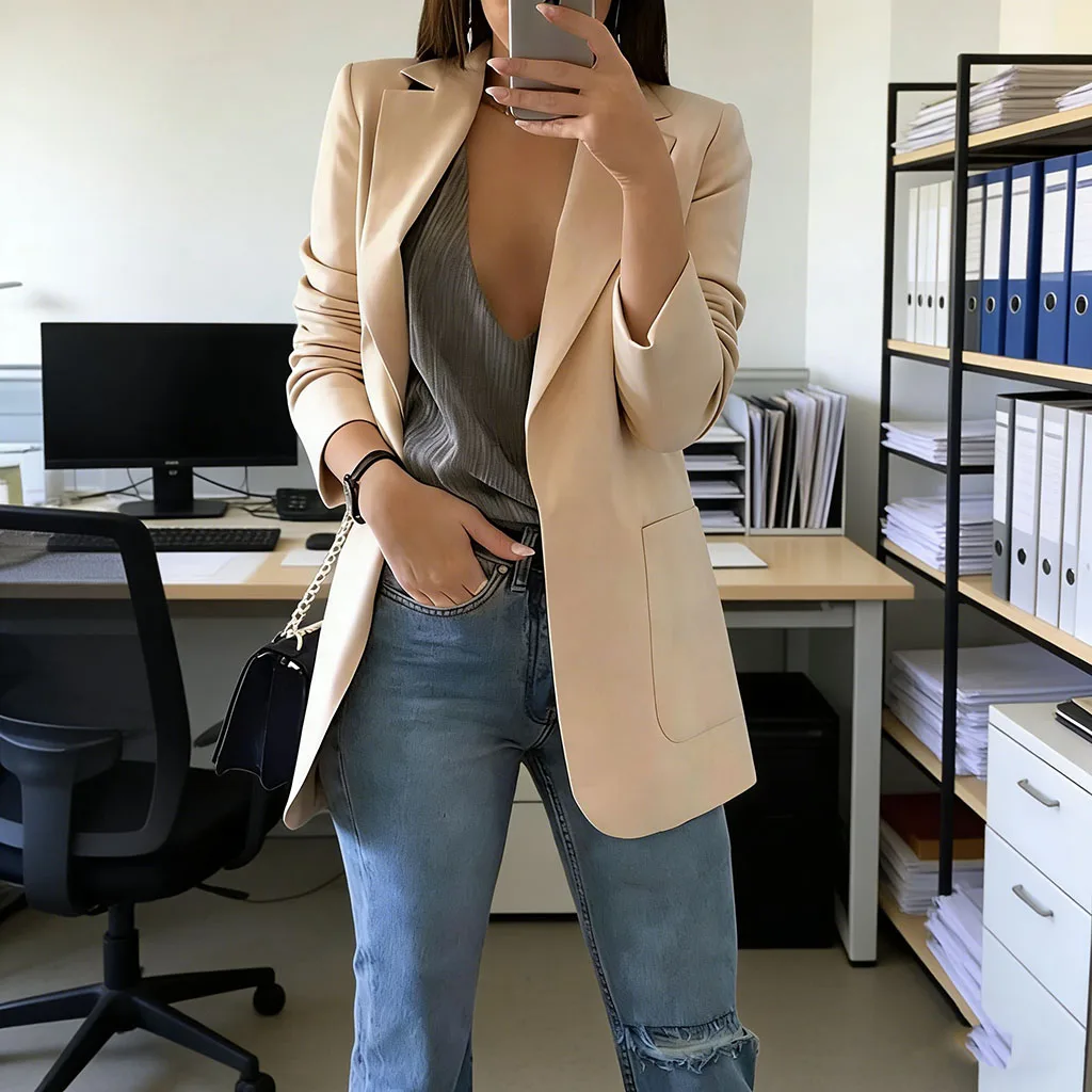 

Женский блейзер оверсайз, однотонный серый пиджак для офиса, деловой повседневный стиль, весна-лето 2026