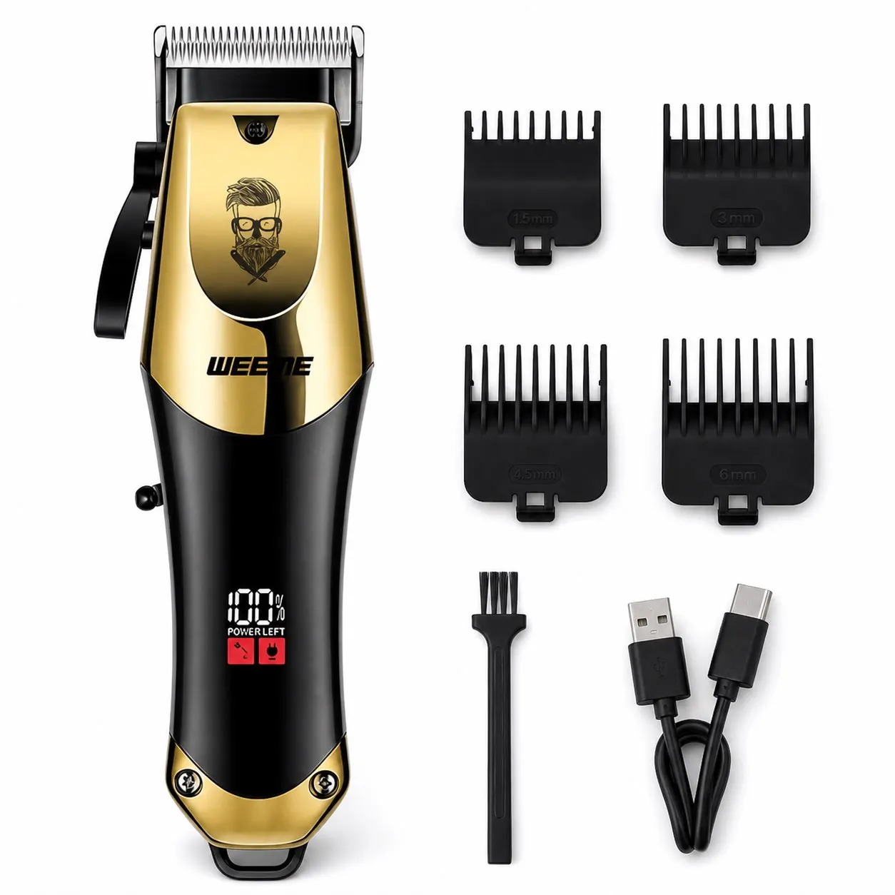 Professional Cordless Hair Clipper for Men, Rechargeable Type-C Barber Trimmer with LED Display, Adjustable Taper Lever and 4 Gu