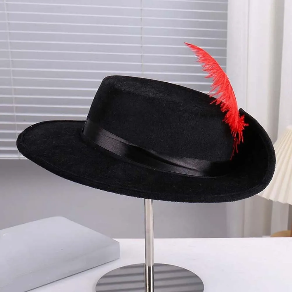 Felt Cavalier Top Hat Wide Brim Artificial Feather Feather Stage Cap Lightweight Black Masquerade Headwear Photo Studio Prop