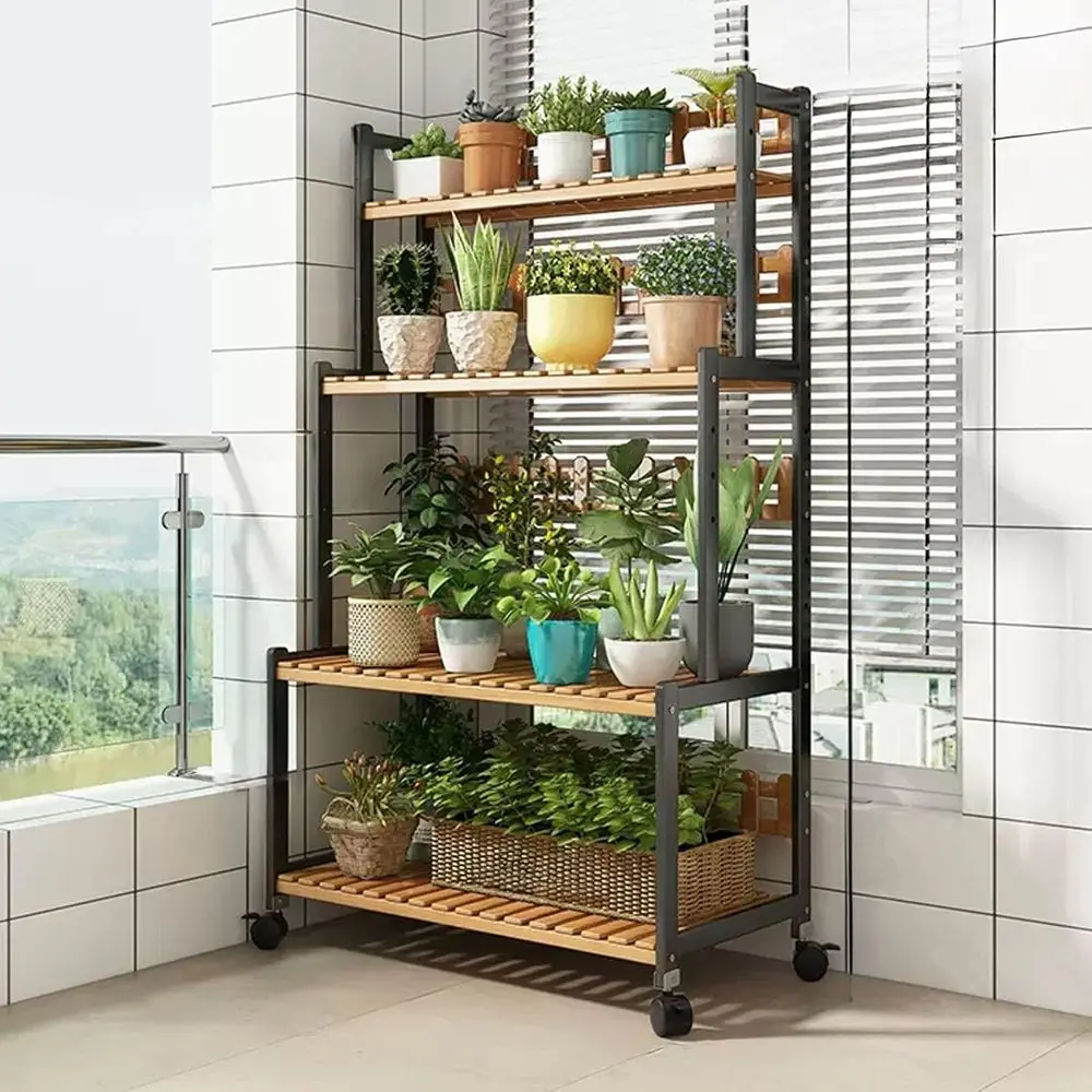 

4-Tier Bamboo Plant Stand with Wheels, Large Display Rack for Home and Patio, Black, 39.4 (100cm)