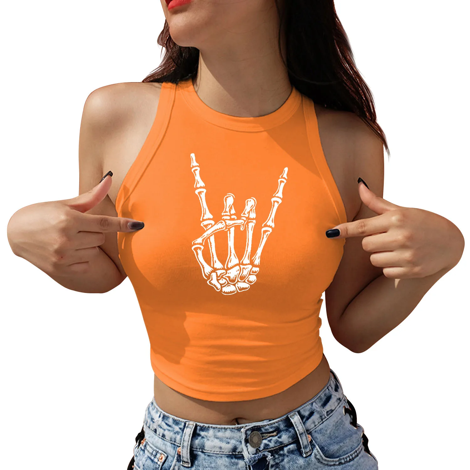 Zawaland Crop Top Women Vest 2024 Summer Casual Beach Clothing  Halloween Skeleton Hand Printed Sleeveless Tank Tops Female