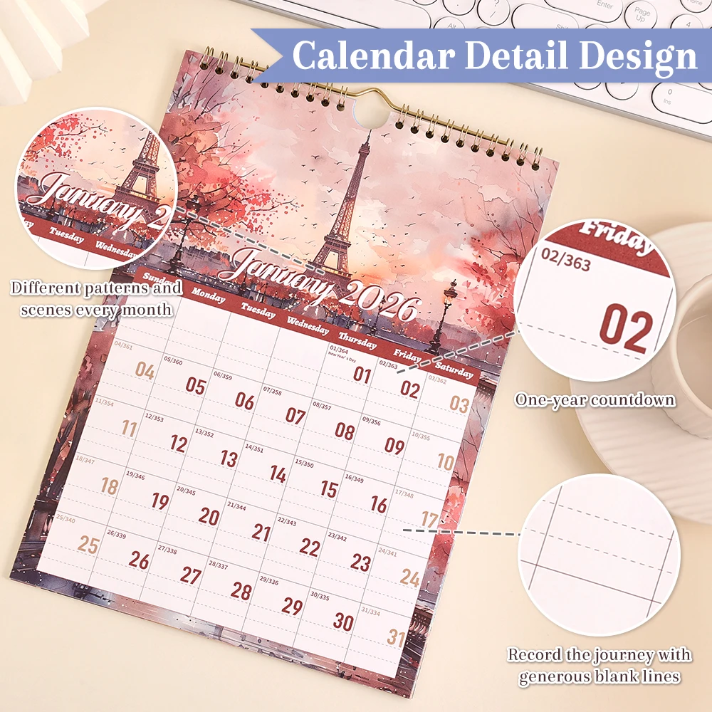 12 Sheets 2026 A4 Wall Calendar Bronzing Cover Building DesignDaily Weekly Monthly Planner For Home Office School (Jan-Dec 2026)