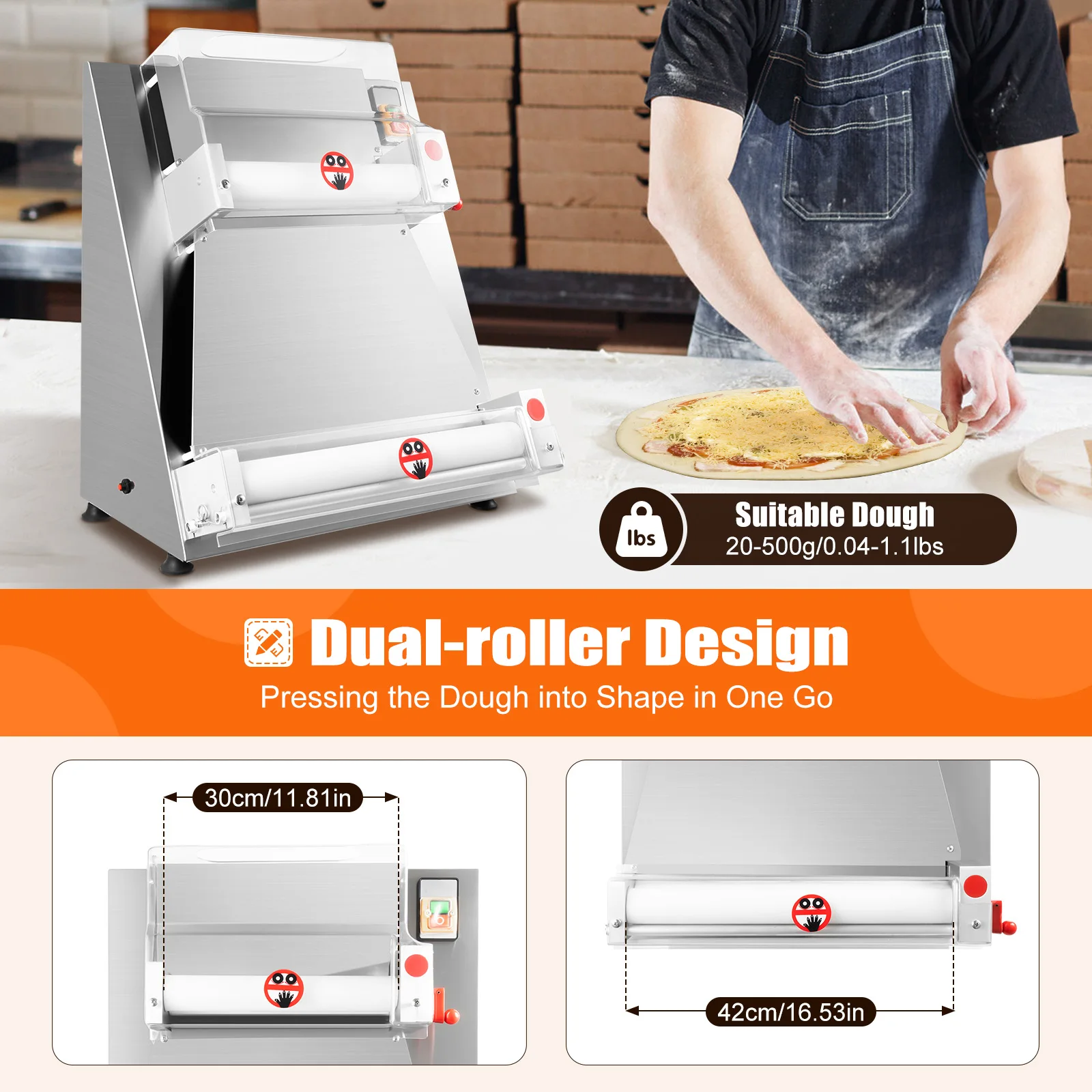 Macchina per impasto per pizza Macchina per sfogliare la pasta per pizza Design a doppio rullo Motore in rame da 370 W